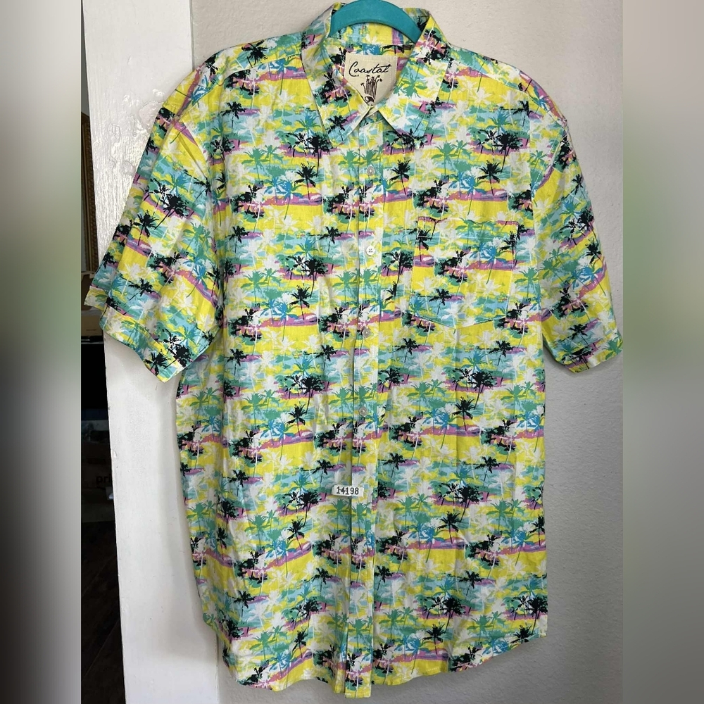 Coastal Hawaiian Yellow Green Palm Print Short Button Men’s Shirt Size XXL